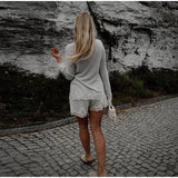 MQTIME  -  Lace Trim Women Short Suit Round Neck Sheer Layers Knitted Top Solid Elastic Waist Shorts Beach Vacation Daily Suits For Ladies