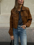 MQTIME  -  Women Brown Suede Leather Jacket Vintage Lapel Single Breasted Long Sleeve Pocket Slim Outerwear Spring Lady Chic Top 2025