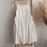 MQTIME  -  Vintage Cotton Linen Girls Sleeveless Dress Chic Open Back Buttons Bandage Bow Sweet Loose Wending Evening Party Dresses