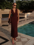  MQTIME  -  Fashion Knitted Pleated Long Dress For Women Elegant Sleeveless Polo Neck A-line Evening Party Dress Summer Holiday Lady Robes