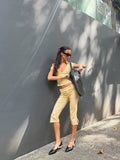 MQTIME  -  Women Striped 2 Piece Matching Set Beige Short Sleeve Deep V Crop Flare Pants Sexy Retro Outfit Summer Beach Street Chic Wear