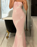 MQTIME  -  Floral Strapless Dress Chest Wrap Long Dresses Pink Lace-up Vestidos Backless Ankle Length Skirt Evening Dress for Party Banquet