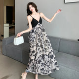 MQTIME  -  2024 Summer New Cool V-Neck Open Back Dress Ink New Chinese Sling Long Dress Women's Beach Vacation Style