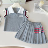 MQTIME  -  Baby Girl College Style Summer 2PCS Clothes Set Polo Collar Kid Girl Vest Top Set Thin Stylish Stripe Pleated Skirt Belle Outfit