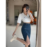 Mqtime Retro split denim half skirt women's summer thin style mid-length style high waist slimming show thin package hip skirt spring