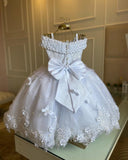 MQTIME  -  White Green Flower Girl Dress For Wedding Applique Tulle Short Sleeve Pearl Princess Kids Birthday First Communion Ball Gown