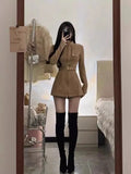 MQTIME  -  Suede Suit, Women's Autumn and Winter Waist Slim Fit, Hot Girl High-end Stand-up Collar Jacket, Thin Shorts Two-piece Set