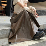 Mqtime Y2K Streetwear Solid Color All Match Faux Leather Mid-length Skirt Women  Autumn New High Waist Loose Casual A-line Skirt