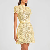 MQTIME  -  Yellow Bow Tie Up Banquet Dresses Fashion Perspective Lace Women's Party Dress New Elegant O Neck Short Sleeved High Waist Dress