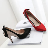 MQTIME  -  Bow Pointed Toe High Heel Pumps Suede Patent Leather Women Shoes