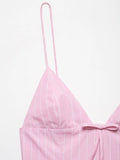 MQTIME  -  Fashion Sexy V-neck Stripe Pink Bow Short Dress 2025 New Sleeveless Slim Sweet Chi Slip Dress Streetwear Y2K Woman Clothing