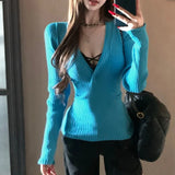 MQTIME  -  2025 Spring New Korean V-neck Button Casual Threaded Long-sleeved Sweater Women + Lace Sexy Camisole Two-piece Suit