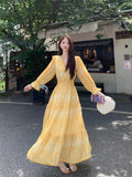 MQTIME  -  Women Print Yellow Mid-calf Dress Deep V Ruffles Flared Sleeve Spring Autumn Female Elastic High Waist Robe