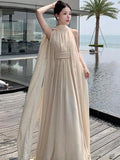 MQTIME  -  French Beige Elegant Vacation Halter Backless Birthday Party Pleated Fairy Dress A Line Prom Evening Gowns Long Dresses Summer