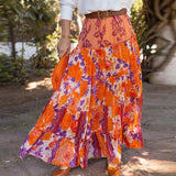 MQTIME  -  Women Elegant Floral Print Pleated Long Skirts Summer Fashion Elastic Waist Loose Chiffon Skirts Casual Ruffled Bohe Party Skirt