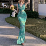 MQTIME  -  Butterfly Printed Swinging Collar Slip Long Dress Summer Slim Sleeveless Female Clothing Vacation Style Elegant Bag Hip Dresses