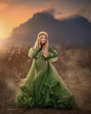 MQTIME  -  Green Mermaid Maternity Dress Photoshoot High Neck Pregnant Women Photography Robe Long Sleeve Babyshower Gown Customized