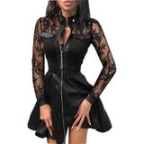 MQTIME  -  Women Long Sleeve Zipper Pocket Large Hem Faux Leather Lace Mini Dress Women's Clothing Elegant Fashion Party Dress vestidos