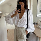 MQTIME  -  Casual Loose White Cotton Women's Blouse Fashion Stand Collar Long Sleeve Shirt Elegant Classic Solid Top Female