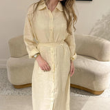 MQTIME  -  Fashion Lace-Up Long Sleeve Party Dress Elegant Lapel Single Breasted Solid Shirt Dress Women's Cotton Linen Pleated Long Dress
