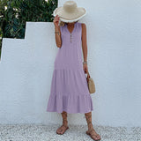 MQTIME  -  Solid Color Straight Tank Dress Sleeveless Holiday Viscose Maxi Dress Button Up V Neck Boho Dress Vacation Robes