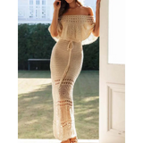 MQTIME  -  Elegant Hollow Out Dress Women's Summer Dress Short Sleeve Off Shoulder Knit Pattern  Tie Up Summer Dress
