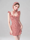 MQTIME  -  Classic Red Plaid Dress For Women's Summer Design, With Small Flying Sleeves And Rose Suspender Mini Skirt