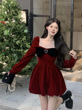 Mqtime Women's Red Velvet Dresses Square Collar Long Sleeve Bow Heart Design Mini Dress Autumn Winter Female Party Dress Christmas