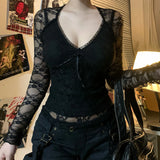 MQTIME  -  Women's Gothic Solid Color Lace Tops Long Sleeve Sexy V Neck Tie-up Front Slim Fit T-Shirts Blouses Club Streetwear