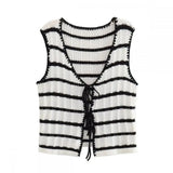 MQTIME  -  Women Fashion Knitted Striped Waistcoat Pants Set V Neck Front Tie Sleeveless Vest Tank Tops Elastic Waist Trousers Streetwear