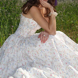 MQTIME  -  New Summer Off Shoulder Slim Strap Dress Garden Floral Print Fresh Sweet Holiday Dress Women Fashion High Waist Long Party Dress