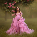 MQTIME  -  Fluffy Pink Tulle Maternity Robes for Photo Shoot Off Shoulder Tiered Ruffles Pregnant Women Dress Sexy Babyshower Gown