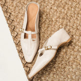 MQTIME  -  Vintage Brown Soft Leather Mules Women Square Toe Buckle T Strap Low Heel Slingback Slippers Female Casual Outdoor Slides Shoes