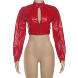  MQTIME  -  Leather PU Jacket Women Crop Varsity Baseball Coats Y2K Streetwear Winter Fall Black Cyber Racer Jackets Coats