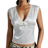MQTIME  -  Women's Summer Bowknot Tied Front Deep V Neck Silky Vest Sleeveless Lace Trim Slimming Satin Silk Y2k Party Tank Tops