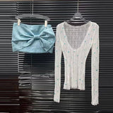 MQTIME  -  New Korean Fashion Sexy Blue Polka Dot Lace Bow Shiny 2pcs Set Sheer Blouse Bodycon Mini Skirt Women Girls Dailywear Clubwear