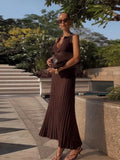  MQTIME  -  Fashion Knitted Pleated Long Dress For Women Elegant Sleeveless Polo Neck A-line Evening Party Dress Summer Holiday Lady Robes