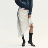 MQTIME  -  Women Lace Trim Satin High Low Skirt Asymmetrical Hem Flowy Midi Slip Skirt Y2k A Line Silky Underskirt