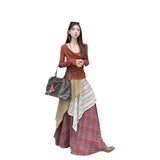 MQTIME  -  Vintage Autumn Bohemian Two Piece Sets Women's Red Elegant Long Sleeve Halter Pleated Tops And Plaid Patchwork A-line Long Skirt