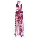 MQTIME  -  Floral Print Ruffles Mesh Asymmetrical Maxi Dress Women Sexy Deep V Neck Lace Up Halter Backless Ruched Vacation Beach Long Robe