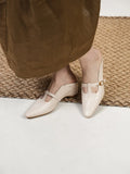 MQTIME  -  Vintage Brown Soft Leather Mules Women Square Toe Buckle T Strap Low Heel Slingback Slippers Female Casual Outdoor Slides Shoes