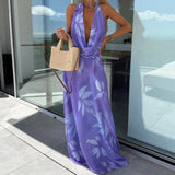 MQTIME  -  Elegant One Piece Beach Dress Women Sexy Hollow Backless Vacation Party Dress New Female Scarf Halter Neck Sleeveless Maxi Dress