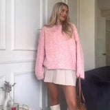 MQTIME  -  Elegant Oversize Knit Women Pullover Full Sleeve O Neck Female Sweater 2024 Autumn Winter Fashion Pink Warm Soft Lady Knitwear