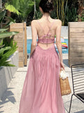 MQTIME  -  Women Summer Pink Backless Elastic Strap Long Beach Dress robe elegante femme boho dress vestidos платье высокое качество
