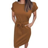 MQTIME  -  Summer Women Versatile Dress With Belt Casual Short Sleeve Round Neck Fashionable Dress Outfits Holiday Midi Sundress Vestidos