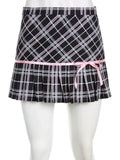 MQTIME  -  Pink Ribbon Bow Plaid A-line Pleated Mini Skirt Short Skirts @e-girl harajuku fairycore 2000s grunge goth aesthetic korean cloth