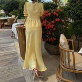 MQTIME  -  Elegant High Waist Holiday Outfit 2025 New Women's V Neck Lace Up Top + Long Skirt Suit Sweet Casual Puff Sleeves Two Piece Set