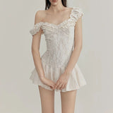 MQTIME  -  Sweet French High End Jacqard Slash Neck Short Dress Elegant Heavy Flower Lace Splicd Pleated Short Dress Y2k Thin Punk Clothes