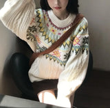MQTIME  -  Women Knitting Sweater Winter New Women's Retro O-neck Sweet Sweater Fair Isle Jacquard Korean Lazy Knit Top