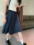 MQTIME  -  Vintage Plaid Midi Skirt Women American Retro Pleated A-line High Wasit Skirts Summer Fashion Uniform Aesthetics Clothes